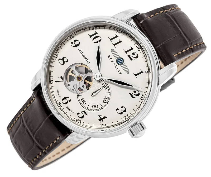 Zeppelin LZ 127 Graf Zeppelin Open Heart Men’s Watch 40mm Silver Dial Dark Brown Leather Strap