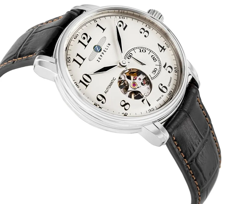 Zeppelin LZ 127 Graf Zeppelin Open Heart Men’s Watch 40mm Silver Dial Dark Brown Leather Strap