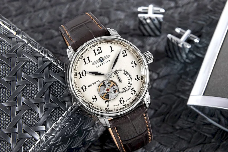 Zeppelin LZ 127 Graf Zeppelin Open Heart Men’s Watch 40mm Silver Dial Dark Brown Leather Strap