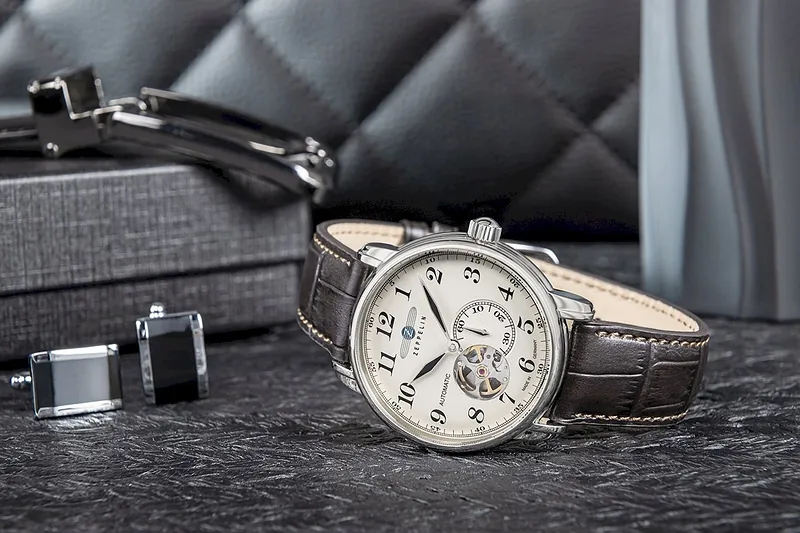 Zeppelin LZ 127 Graf Zeppelin Open Heart Men’s Watch 40mm Silver Dial Dark Brown Leather Strap