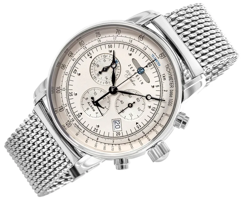 Zeppelin 100 Jahre Quartz Chronograph Men’s Watch 42mm Silver Dial Stainless Steel Mesh Bracelet