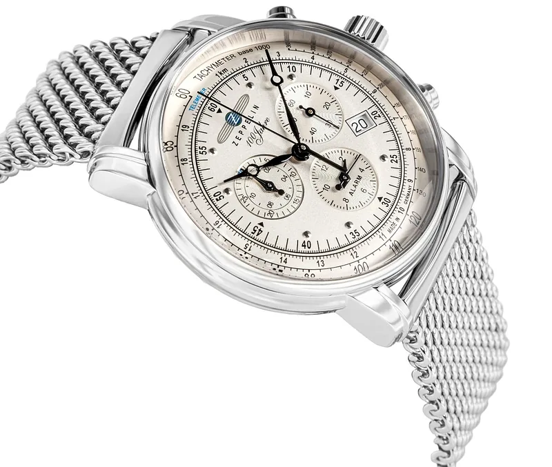 Zeppelin 100 Jahre Quartz Chronograph Men’s Watch 42mm Silver Dial Stainless Steel Mesh Bracelet