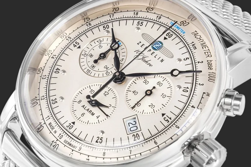 Zeppelin 100 Jahre Quartz Chronograph Men’s Watch 42mm Silver Dial Stainless Steel Mesh Bracelet
