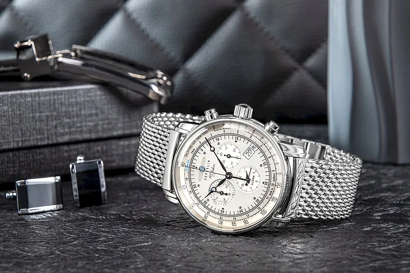 Zeppelin 100 Jahre Quartz Chronograph Men’s Watch 42mm Silver Dial Stainless Steel Mesh Bracelet