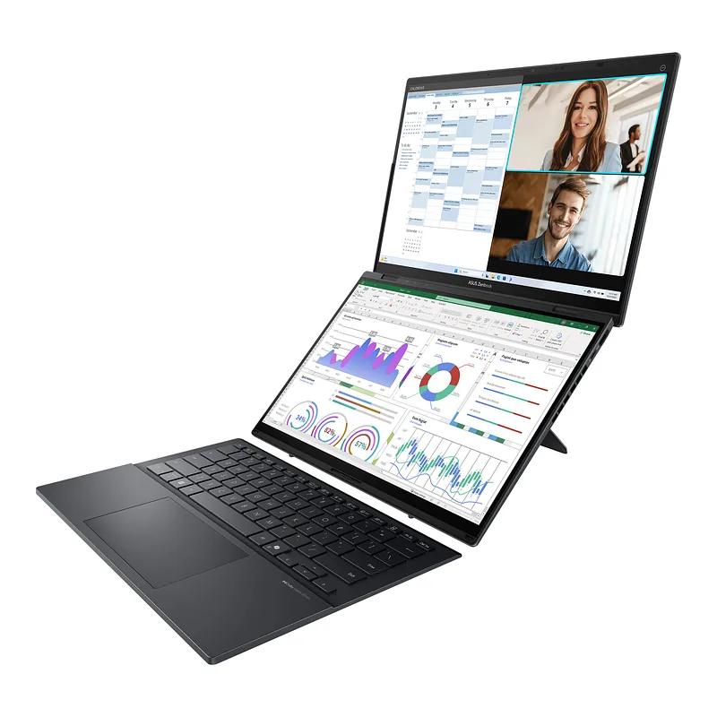 Asus, Zenbook Duo UX8406CA-QL287W, Inkwell Gray, 14 “, OLED, Touchscreen, FHD, 1920 x 1200 pixels, Intel Core Ultra 7, 255H, 16 GB, LPDDR5X, Solid-state drive capacity 1000 GB, Intel Arc Graphics, Windows 11 Home, 802.11be, Bluetooth version 5.4, Keyboard language US international, Keyboard backlit, Warranty 24 month(s), Battery warranty 12 month(s)