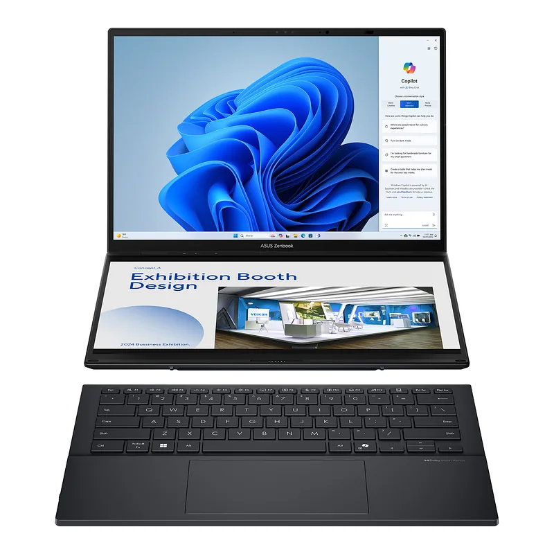 Asus, Zenbook Duo UX8406CA-QL287W, Inkwell Gray, 14 “, OLED, Touchscreen, FHD, 1920 x 1200 pixels, Intel Core Ultra 7, 255H, 16 GB, LPDDR5X, Solid-state drive capacity 1000 GB, Intel Arc Graphics, Windows 11 Home, 802.11be, Bluetooth version 5.4, Keyboard language US international, Keyboard backlit, Warranty 24 month(s), Battery warranty 12 month(s)