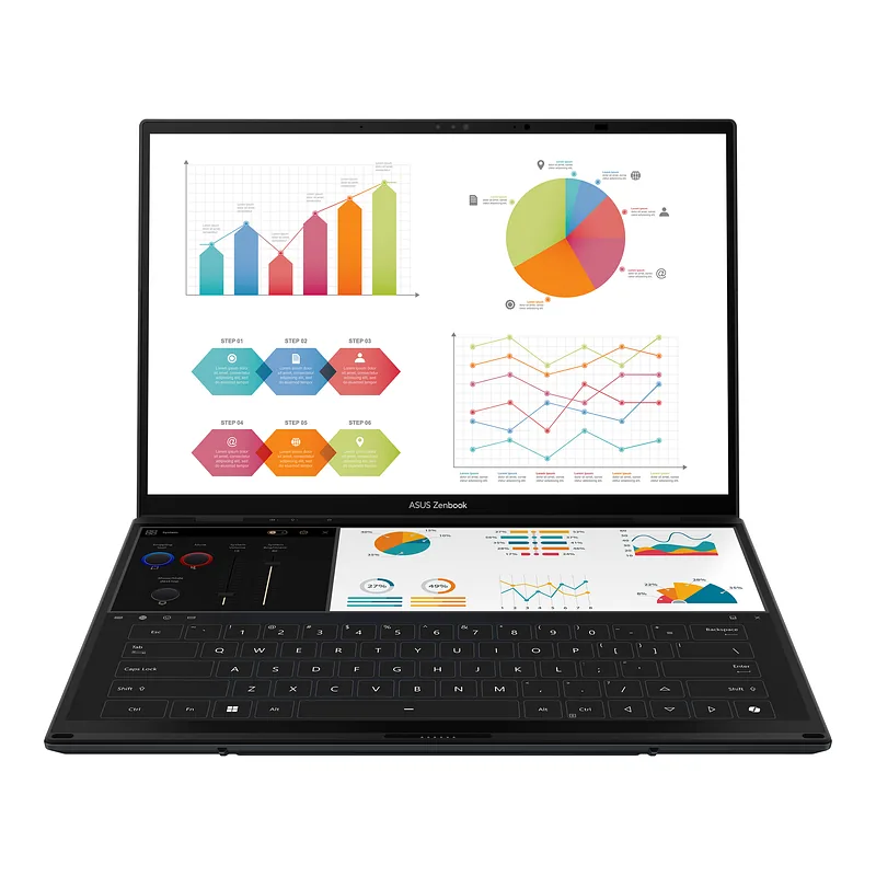 Asus, Zenbook Duo UX8406CA-QL287W, Inkwell Gray, 14 “, OLED, Touchscreen, FHD, 1920 x 1200 pixels, Intel Core Ultra 7, 255H, 16 GB, LPDDR5X, Solid-state drive capacity 1000 GB, Intel Arc Graphics, Windows 11 Home, 802.11be, Bluetooth version 5.4, Keyboard language US international, Keyboard backlit, Warranty 24 month(s), Battery warranty 12 month(s)