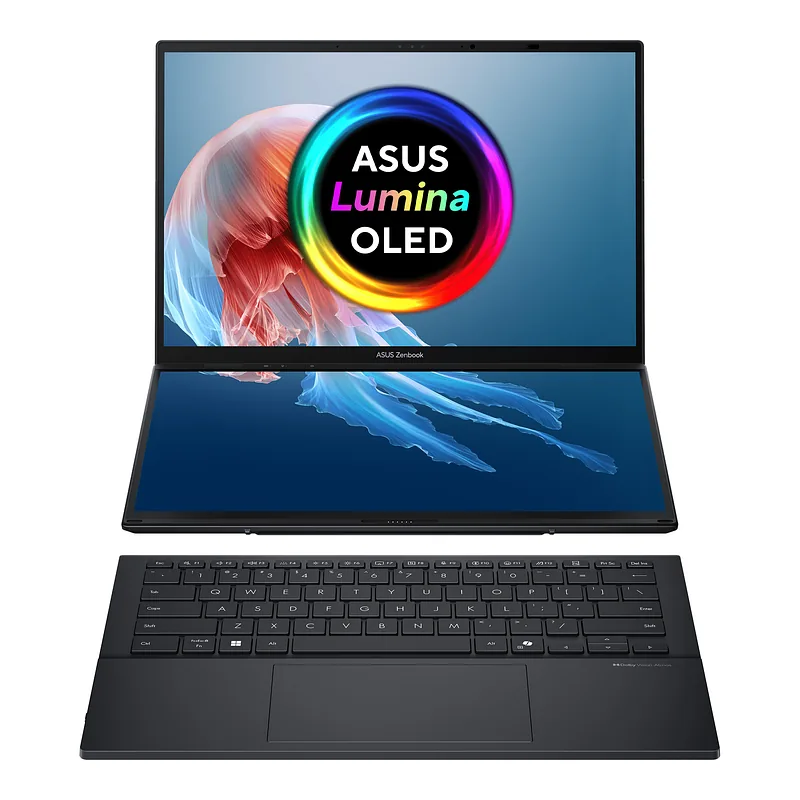 Asus, Zenbook Duo UX8406CA-QL287W, Inkwell Gray, 14 “, OLED, Touchscreen, FHD, 1920 x 1200 pixels, Intel Core Ultra 7, 255H, 16 GB, LPDDR5X, Solid-state drive capacity 1000 GB, Intel Arc Graphics, Windows 11 Home, 802.11be, Bluetooth version 5.4, Keyboard language US international, Keyboard backlit, Warranty 24 month(s), Battery warranty 12 month(s)