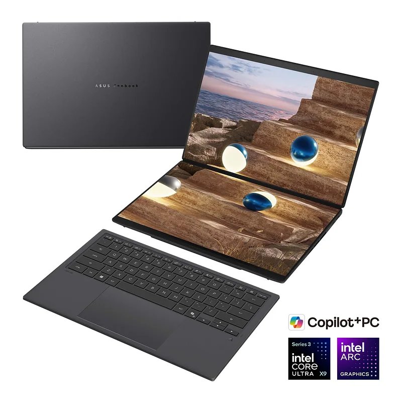 Asus, Zenbook Duo UX8407AA-SN066W, Moher Gray, 14 ", OLED, Touchscreen, 2.8K, 2880 x 1800 pixels, 144 Hz, Anti-Reflective, Intel Core Ultra X9, 378H, 32 GB, LPDDR5X, Solid-state drive capacity 2000 GB, Intel Arc Graphics, Windows 11 Pro, 802.11be, Bluetooth version 5.4, Keyboard language US international, Keyboard backlit, Warranty 24 month(s), Battery warranty 12 month(s)
