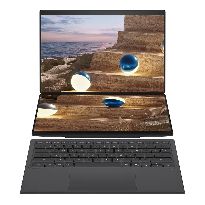 Asus, Zenbook Duo UX8407AA-SN066W, Moher Gray, 14 “, OLED, Touchscreen, 2.8K, 2880 x 1800 pixels, 144 Hz, Anti-Reflective, Intel Core Ultra X9, 378H, 32 GB, LPDDR5X, Solid-state drive capacity 2000 GB, Intel Arc Graphics, Windows 11 Pro, 802.11be, Bluetooth version 5.4, Keyboard language US international, Keyboard backlit, Warranty 24 month(s), Battery warranty 12 month(s)