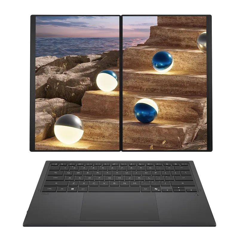 Asus, Zenbook Duo UX8407AA-SN066W, Moher Gray, 14 “, OLED, Touchscreen, 2.8K, 2880 x 1800 pixels, 144 Hz, Anti-Reflective, Intel Core Ultra X9, 378H, 32 GB, LPDDR5X, Solid-state drive capacity 2000 GB, Intel Arc Graphics, Windows 11 Pro, 802.11be, Bluetooth version 5.4, Keyboard language US international, Keyboard backlit, Warranty 24 month(s), Battery warranty 12 month(s)