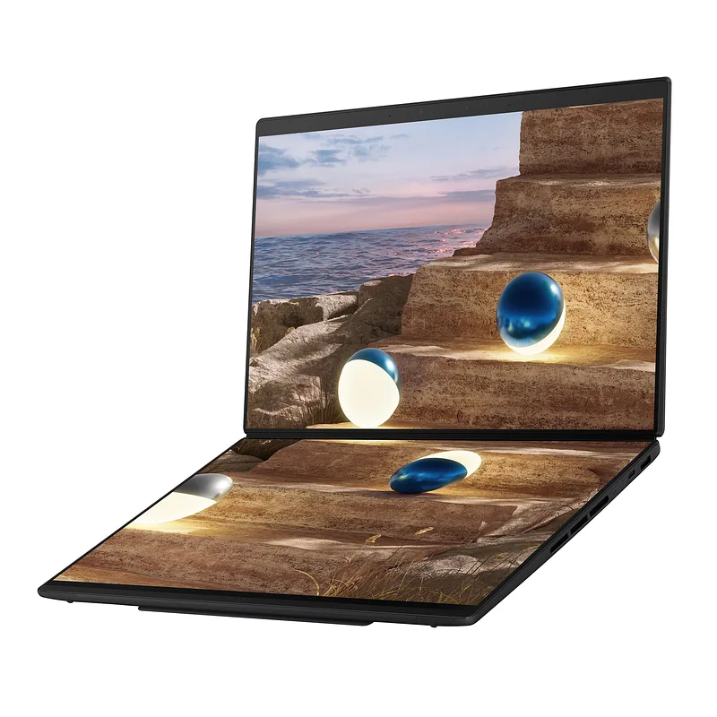 Asus, Zenbook Duo UX8407AA-SN066W, Moher Gray, 14 “, OLED, Touchscreen, 2.8K, 2880 x 1800 pixels, 144 Hz, Anti-Reflective, Intel Core Ultra X9, 378H, 32 GB, LPDDR5X, Solid-state drive capacity 2000 GB, Intel Arc Graphics, Windows 11 Pro, 802.11be, Bluetooth version 5.4, Keyboard language US international, Keyboard backlit, Warranty 24 month(s), Battery warranty 12 month(s)