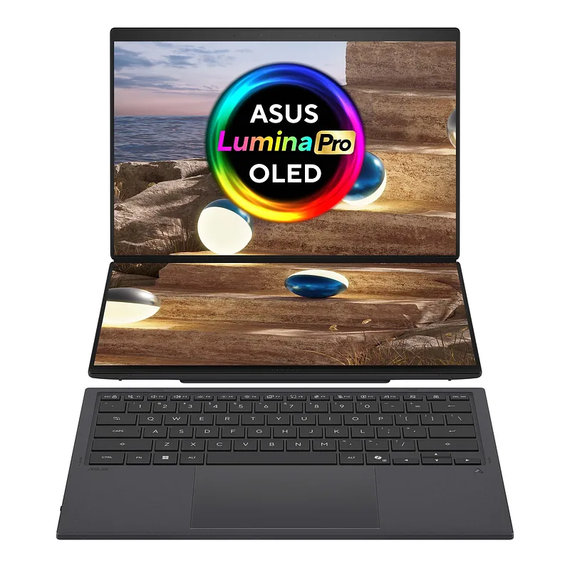 Asus, Zenbook Duo UX8407AA-SN066W, Moher Gray, 14 “, OLED, Touchscreen, 2.8K, 2880 x 1800 pixels, 144 Hz, Anti-Reflective, Intel Core Ultra X9, 378H, 32 GB, LPDDR5X, Solid-state drive capacity 2000 GB, Intel Arc Graphics, Windows 11 Pro, 802.11be, Bluetooth version 5.4, Keyboard language US international, Keyboard backlit, Warranty 24 month(s), Battery warranty 12 month(s)