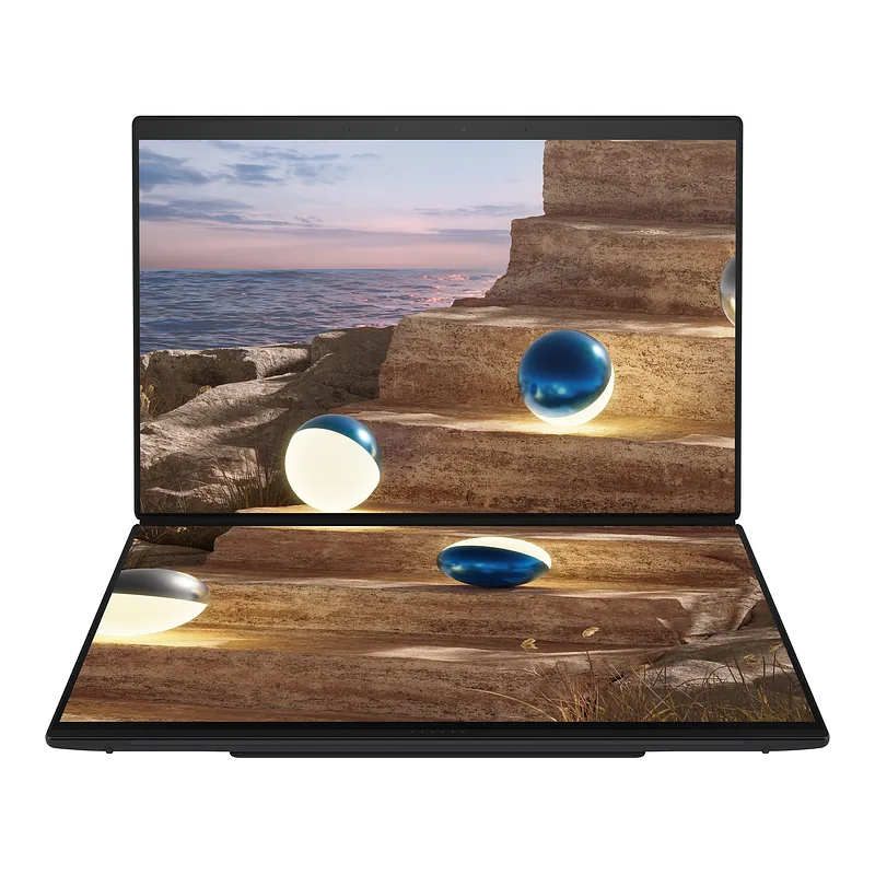 Asus, Zenbook Duo UX8407AA-SN066W, Moher Gray, 14 “, OLED, Touchscreen, 2.8K, 2880 x 1800 pixels, 144 Hz, Anti-Reflective, Intel Core Ultra X9, 378H, 32 GB, LPDDR5X, Solid-state drive capacity 2000 GB, Intel Arc Graphics, Windows 11 Pro, 802.11be, Bluetooth version 5.4, Keyboard language US international, Keyboard backlit, Warranty 24 month(s), Battery warranty 12 month(s)