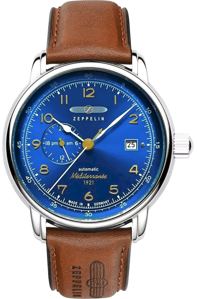 Zeppelin Méditerranée 100 Years 9668-3 Automatic Men’s Watch 40mm Blue Dial Brown Leather Strap