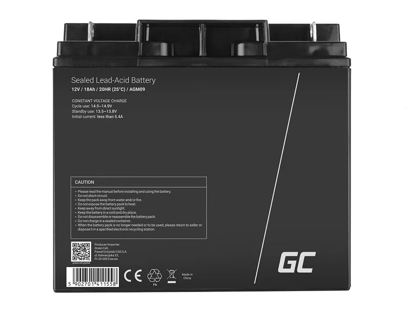 Green Cell AGM09 industrial rechargeable battery Sealed Lead Acid (VRLA) 18000 mAh 12 V