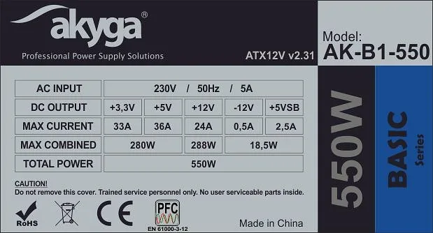 Akyga AK-B1-550 power supply unit 550 W 20+4 pin ATX ATX Grey