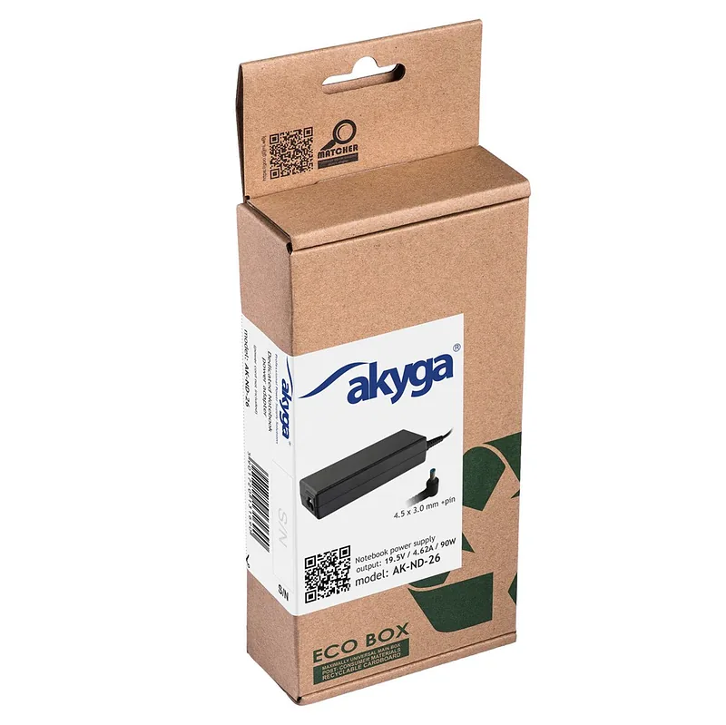 Akyga notebook power adapter AK-ND-26 19.5V/4.62A 90W 4.5×3.0 mm + pin HP power adapter/inverter Indoor Black