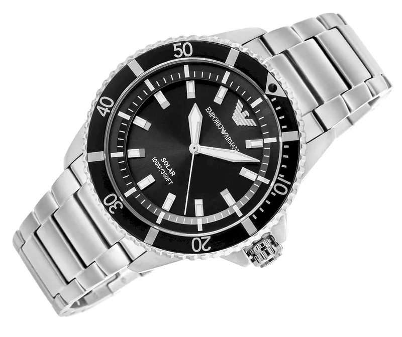 Emporio Armani Solar Diver Style Watch AR11787 Silver Black 42mm