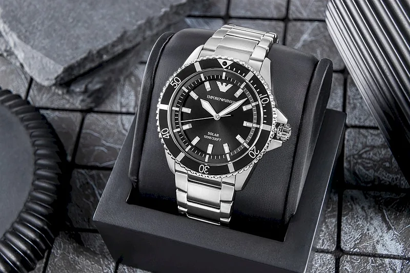Emporio Armani Solar Diver Style Watch AR11787 Silver Black 42mm