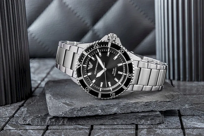 Emporio Armani Solar Diver Style Watch AR11787 Silver Black 42mm