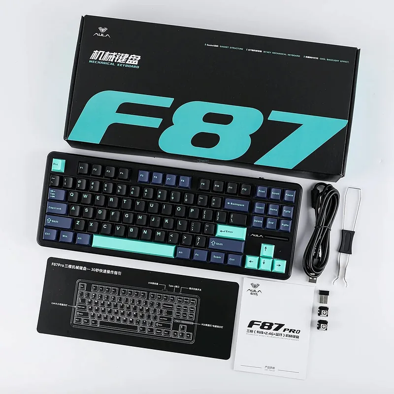AULA Gasket F87 Pro Keyboard Black Cyan Blue GrayWoodV4 RGB