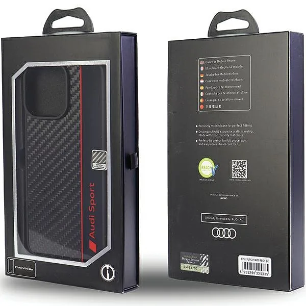 Audi Carbon Fiber Stripe iPhone 14 Pro Max 6.7″ must kõvakaaneline kaitseümbris AUS-TPUPCIP14PM-R8/D1-BK