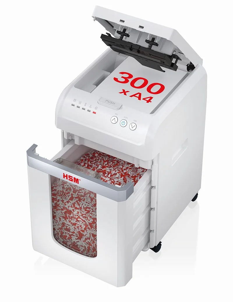 HSM Autofeed X300 paper shredder with automatic feeder, 30 L, P4, 4 x 12 mm