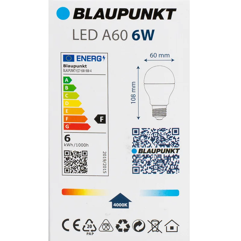 Blaupunkt LED lamp E27 A60 600lm 6W 4000K 4tk