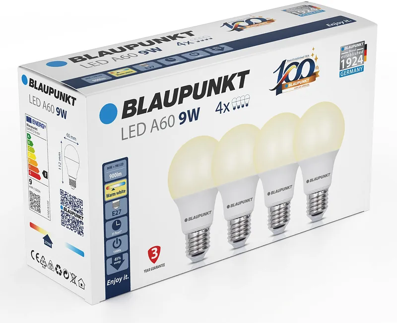 Blaupunkt LED lamp E27 A60 900lm 9W 2700K 4tk