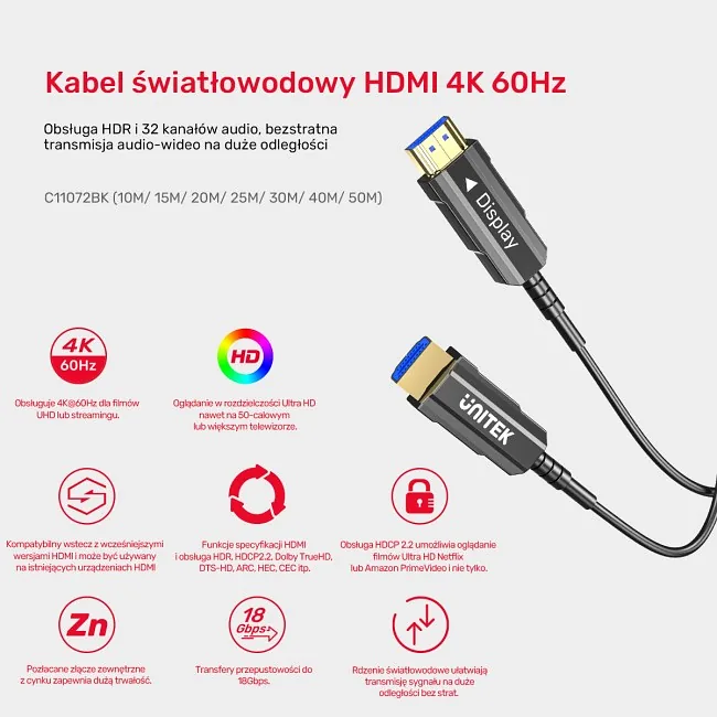 Unitek Kabel optyczny HDMI 2.0 AOC 4K 60Hz 12 m