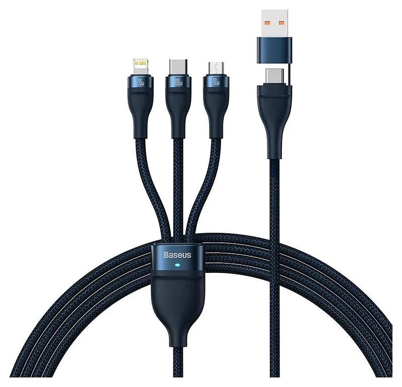 Baseus Flash Series 2 USB 3w1, USB-C + micro USB + Lightning, 100W, 1.2m (niebieski)