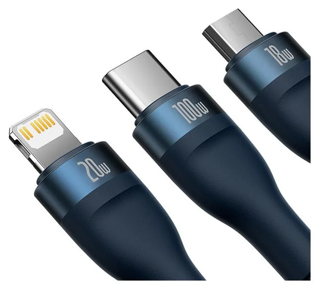 Baseus Flash Series 2 USB 3w1, USB-C + micro USB + Lightning, 100W, 1.2m (niebieski)