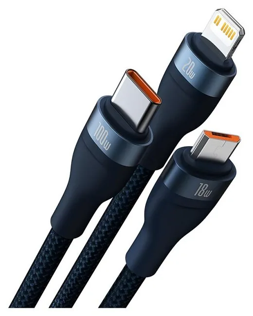 Baseus Flash Series 2 USB 3w1, USB-C + micro USB + Lightning, 100W, 1.2m (niebieski)