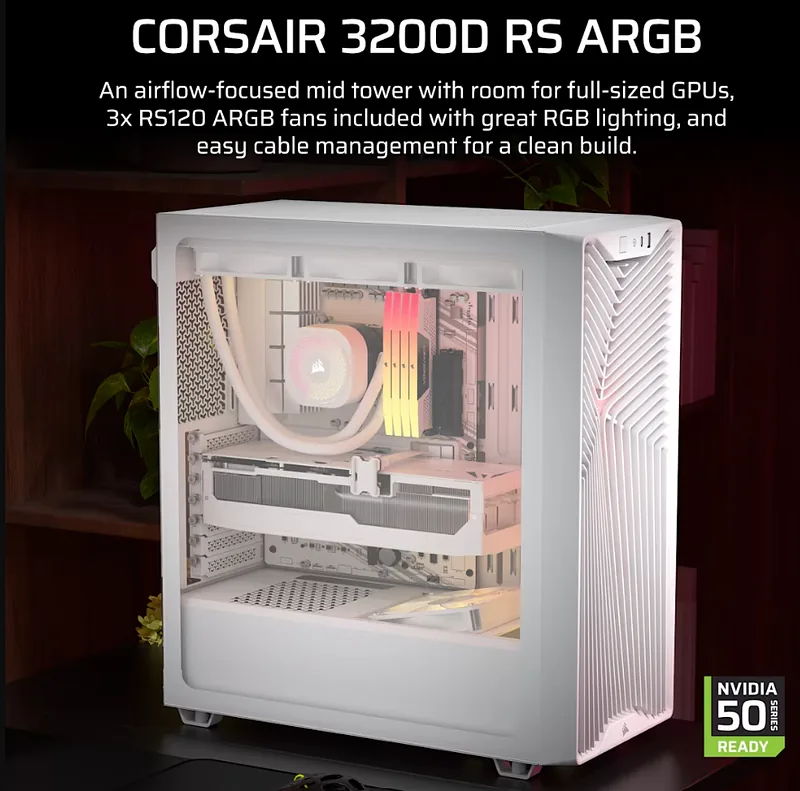 Corsair PC Case, 3200D RS ARGB, White, Mid-Tower