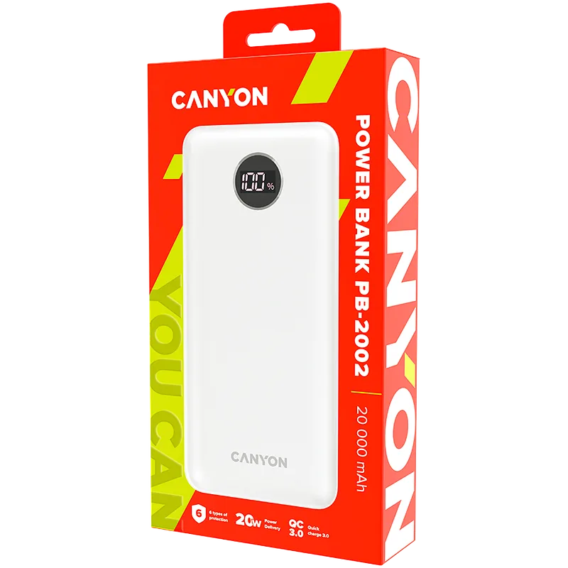 Canyon PB-2002 LED 20000 mAh PD 20W QC 3.0 biały