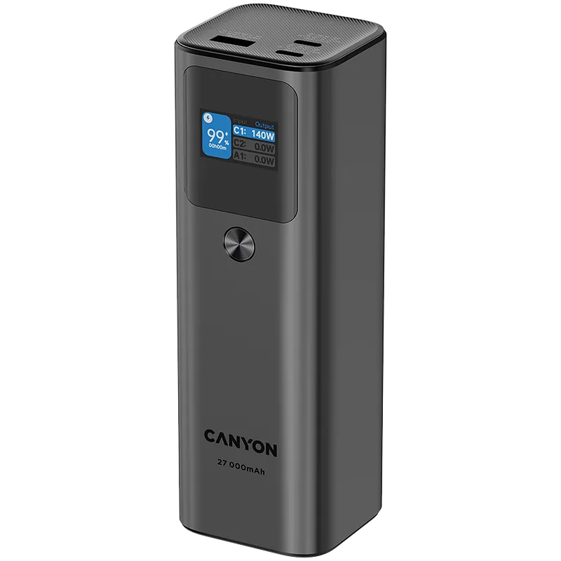 Canyon Powerbank PB-2010 TFT 27000 mAh 97.2Wh PD140W QC 3.0 szary