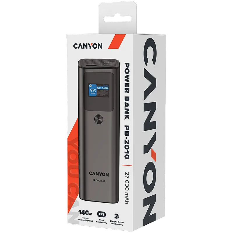 Canyon Powerbank PB-2010 TFT 27000 mAh 97.2Wh PD140W QC 3.0 szary