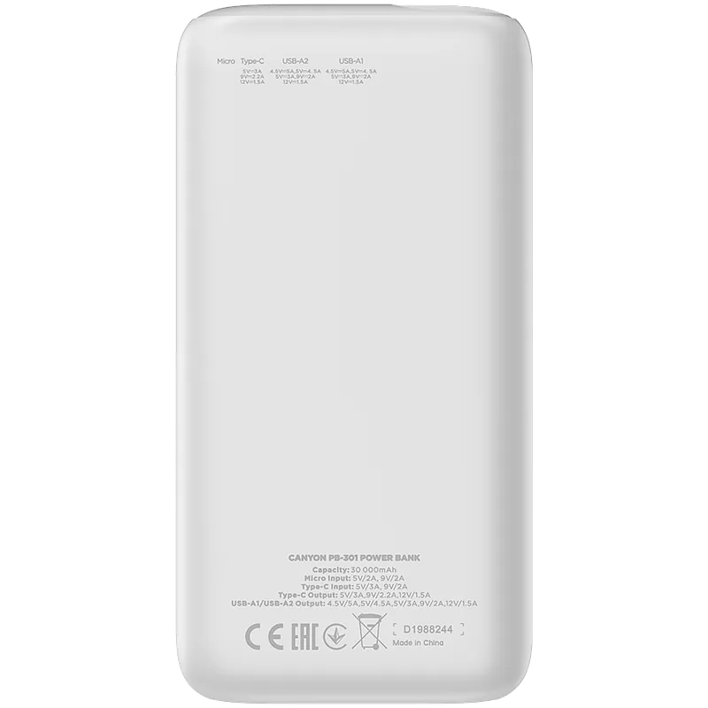 Canyon Powerbank PB-301 LED 30000 mAh PD 20W QC 3.0 biały