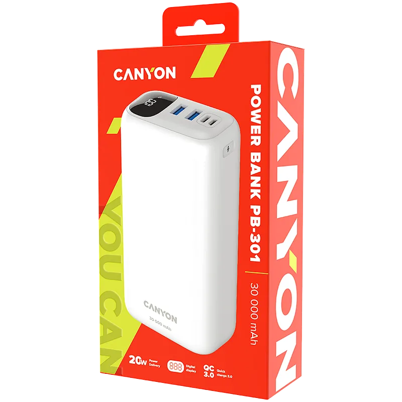 Canyon Powerbank PB-301 LED 30000 mAh PD 20W QC 3.0 biały