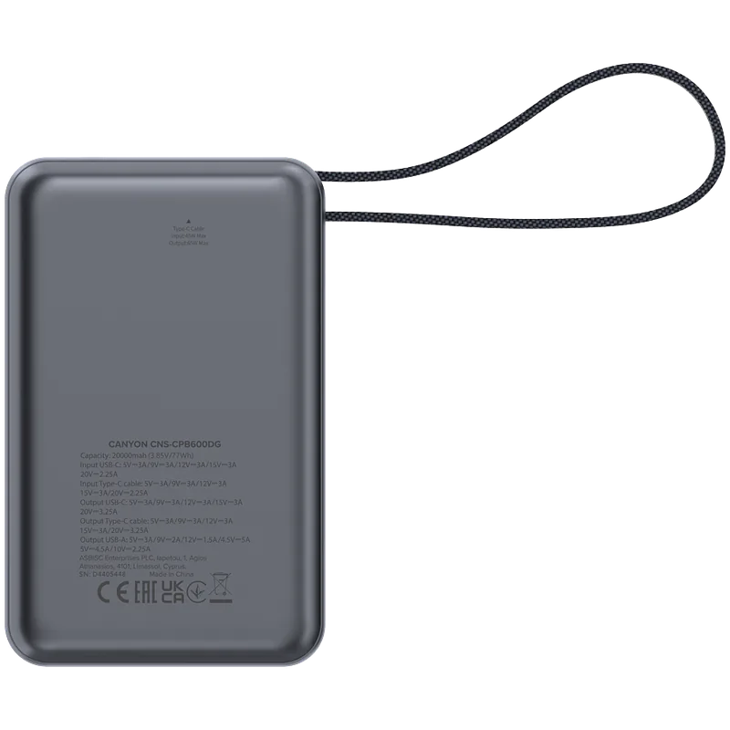 Canyon OnPower 600 z wbudowanym kablem 20000 mAh PD65W grafitowy