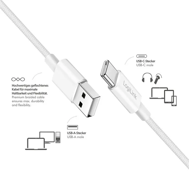 LogiLink USB-A – USB-C 0.5m w nylonowym oplocie biały