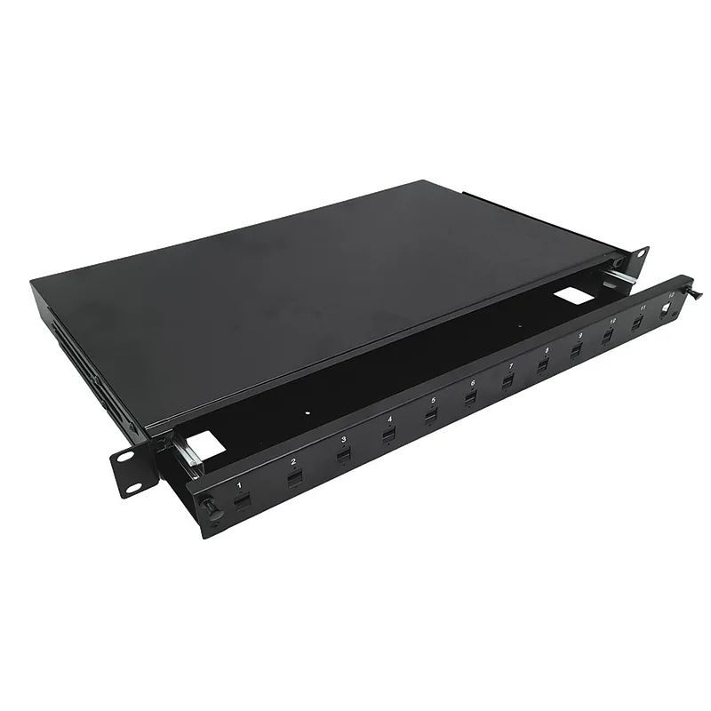 Alantec 12xSC simplex / 12xLC duplex 19″ 1U telescopic fibre optic patch panel with mounting accessories