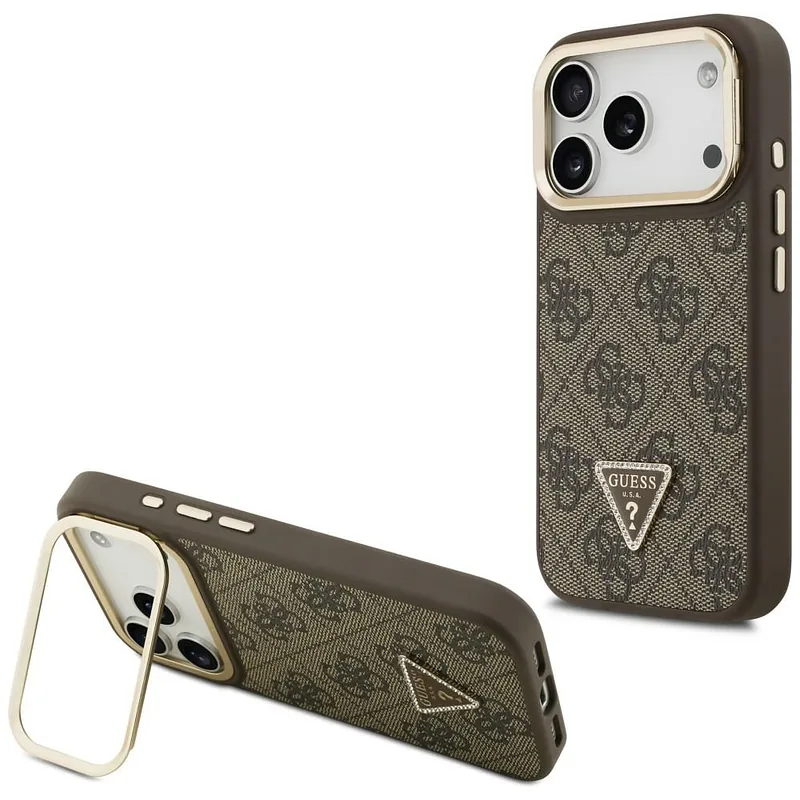 Guess 4G PU kolmnurga logo ja jalaga kaamera Magsafe ümbris iPhone 17 Pro jaoks, pruun