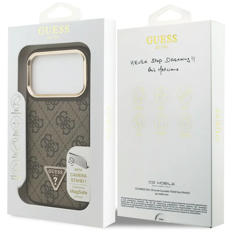 Guess 4G PU kolmnurga logo ja jalaga kaamera Magsafe ümbris iPhone 17 Pro jaoks, pruun