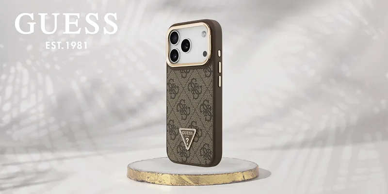 Guess 4G PU kolmnurga logo ja jalaga kaamera Magsafe ümbris iPhone 17 Pro jaoks, pruun