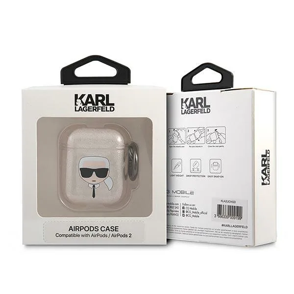 Karl Lagerfeld KLA2UKHGD AirPods kaitseümbris kuldne sädelev Karl`s Head