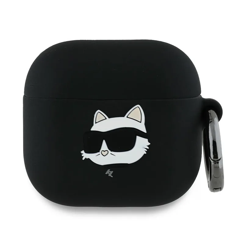 Karl Lagerfeld KLA4RUNCHK AirPods 4 must silikoonist kaitseümbris Choupette pea 3D