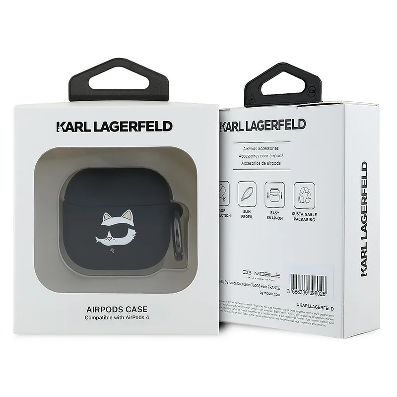 Karl Lagerfeld KLA4RUNCHK AirPods 4 must silikoonist kaitseümbris Choupette pea 3D