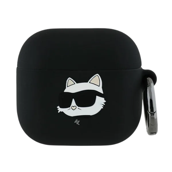 Karl Lagerfeld KLA4RUNCHK AirPods 4 must silikoonist kaitseümbris Choupette pea 3D